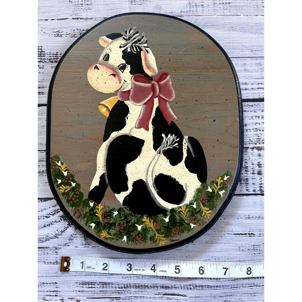 Hand Painted Cow Wall Plaque Wood Oval Red Bow Bell Farmhouse Decor
